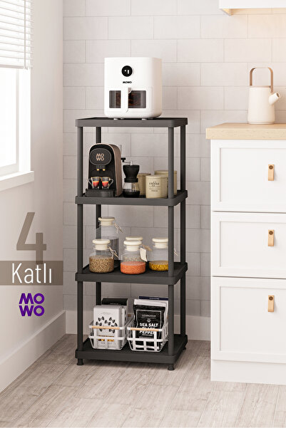 MOWO 4 Katlı Siyah 40x33 Plastik Mutfak Raf Sistemi, Banyo Rafı, Kiler, Kitap...