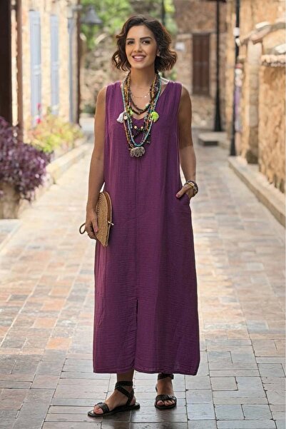 Nevin Kaya Moda Μωβ φόρεμα μουσελίνας με σκίσιμο μπροστά