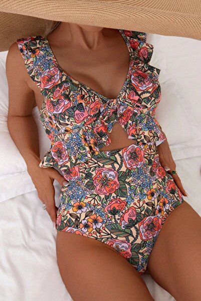 BELLA NOTTE Βίντατζ ολόσωμο μαγιό με φλοράλ σχέδια, βολάν και λουράκια μπροστά