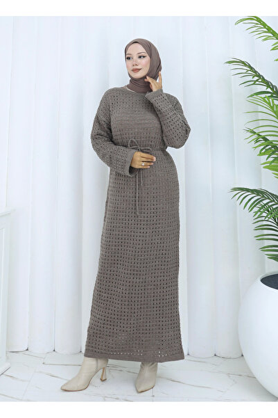 TATULA Knitted Detailed Waist-Tie Long Knitwear Dress