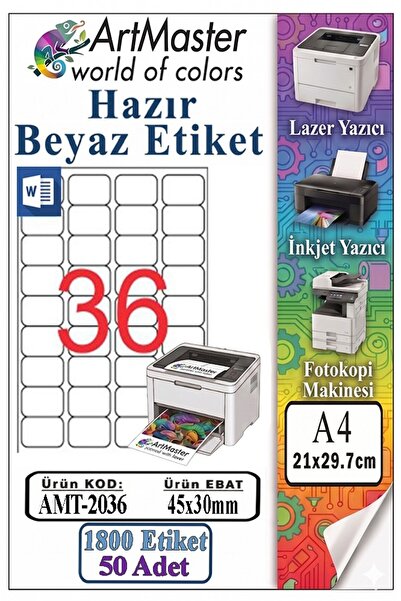Artmaster ملصقات بيضاء جاهزة مقاس A4 45x30 مم 50 ورقة 1 حزمة تحتوي على 36 ورق...