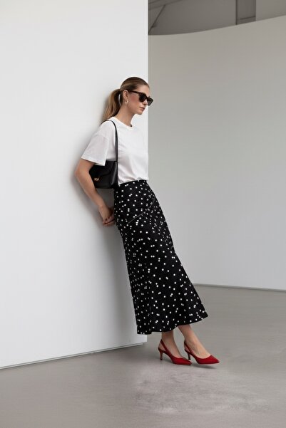 Vireo Club Women's Black and White Polka Dot Maxi Woven Skirt