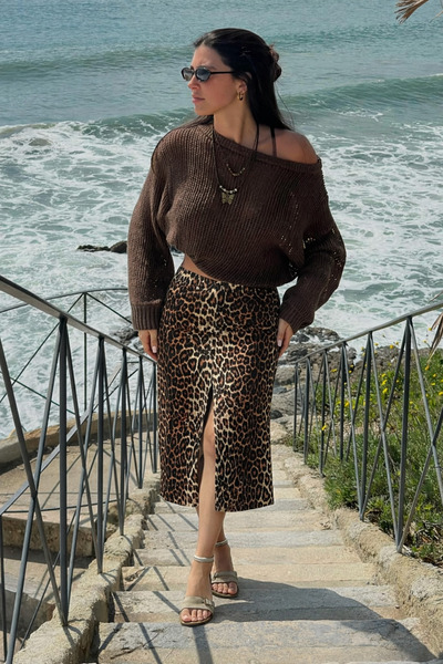 hacker Kadın Trend Relax Fit Leopar Yırtmaçlı Kahve Kot Etek