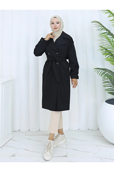 TATULA Double Buttoned Trench Coat with Belt Detail