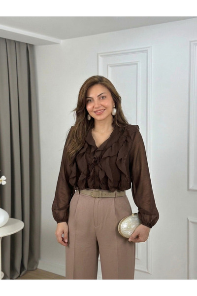 TLG TLG GİYİM Γυναικεία μπλούζα με λαιμόκοψη V από οργανικό ύφασμα, διαφανή κ...