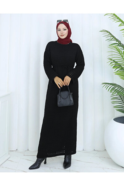 TATULA Knitted Detailed Waist-Tie Long Knitwear Dress