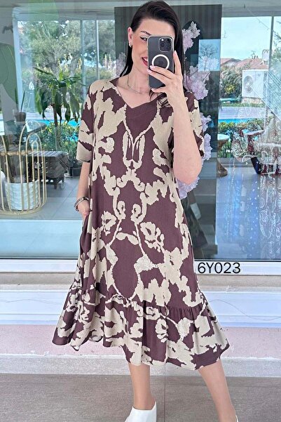 İnce Topuk Φόρεμα βισκόζης με λαιμόκοψη V και τσέπες με βολάν 6y023