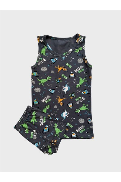 tusem butik homewear Boy's Cotton Smoked Color Dinosaur Patterned Athlete Boxer Set