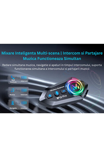 CerCip Casca Moto Y12 Pro cu Bluetooth, Interfon pentru 2 persoane, Autonomie a bateriei de 20 de ore, Rezistență la apă, Anulare a zgomotului, Partajare muzică, Răspuns automat