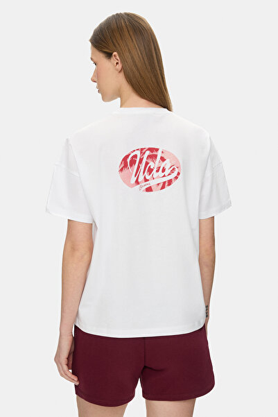 UCLA MARILUZ Beyaz Bisiklet Yaka Baskılı %100 Pamuk Loose Fit Kadın Tshirt