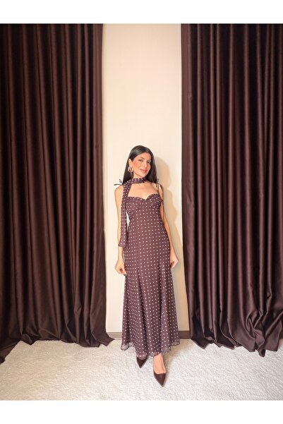 LOISY Γυναικείο μακρύ φόρεμα με πουά σχέδιο και λεπτομέρεια με λουράκια