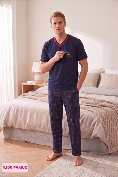 bie's Ανδρικό σετ πιτζάμες με καρό σχέδιο σε μπλε ναυτικό χρώμα, χωρίς κουμπι...
