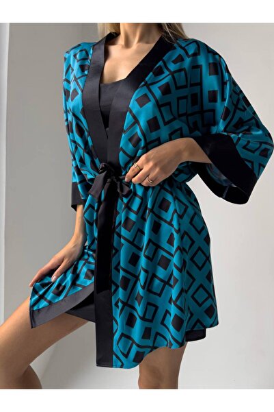 delis Γεωμετρική Γοητεία " Σετ Ρόμπας & Νυχτικού – 2301395, Μαύρο / Τυρκουάζ