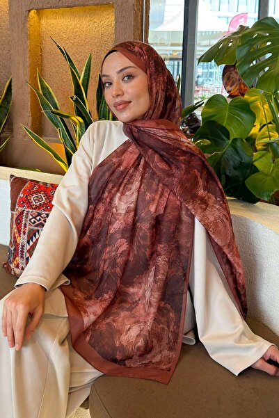 lamelif Rose Flower Pattern Ferah Shawl Cinnamon