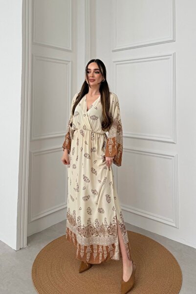 mezqa Καφέ μακρυμάνικο φόρεμα με σχέδιο και λεπτομέρεια σκίσιμο