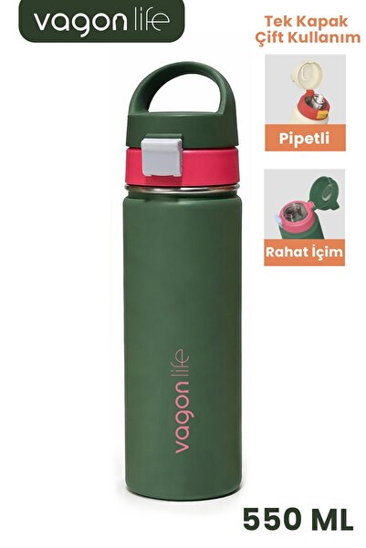 Vagonlife 550 ML Tek Kapak Çift Kullanım Pipetli Rahat İçim Kulplu Paslanmaz ...
