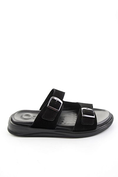 Bambi Μαύρες ανδρικές παντόφλες από γνήσιο δέρμα E04433080402