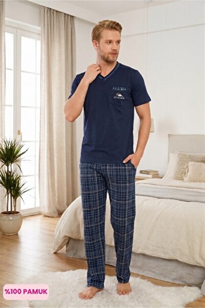 ALİMER Ανδρικό σετ πιτζάμες με καρό σχέδιο Indigo, χωρίς κουμπιά, με λαιμόκοψ...