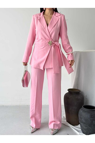 Moda İkra Σετ μπλέιζερ με φαρδύ παντελόνι με φαρδιά πόδια με μια φαρδιά υφασμ...