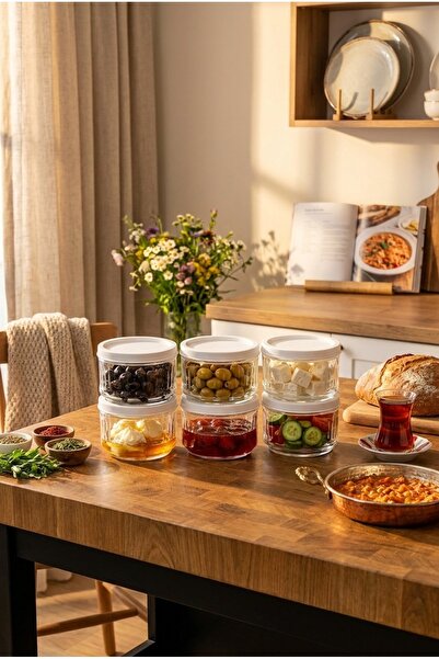 ZURİ DESİGN Set of 6 Glass Breakfast Containers with White Lids and Transparent Storage Jars 425 Cc
