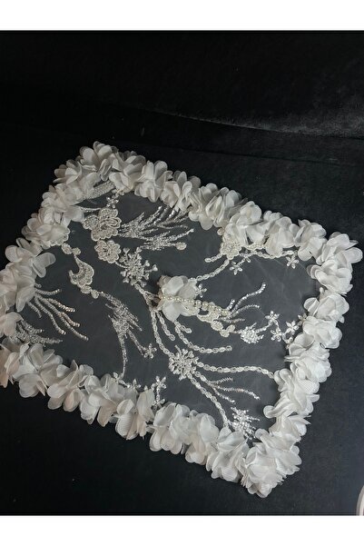 Bridal Luxe Dantel detaylı taşlı pullu 3 boyutlu çiçekli gelin mendili nedime...