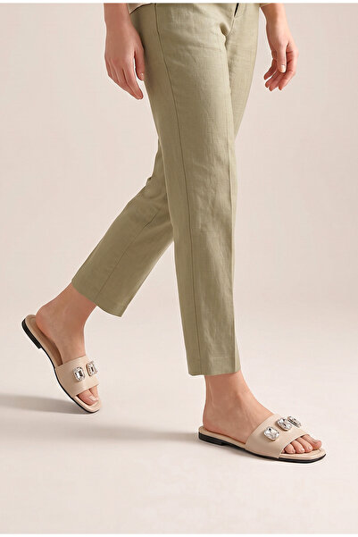 Gökhan Talay Γυναικείες φλατ παντόφλες Zera Beige Skin με τετράγωνη πέτρα και...