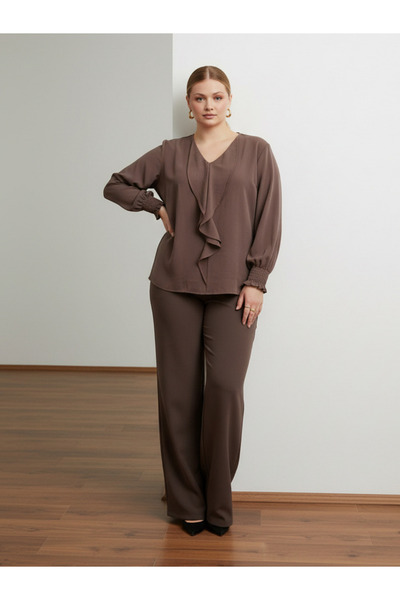 PERA MODA Plus Size Front Ruffle Modal Blouse Shirt