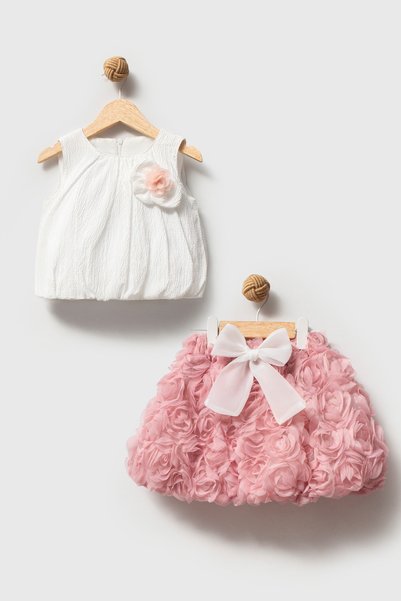 aysskids Berry Girl's Baby Rose Detailed Fluffy Tutu Skirt 2-Piece Set