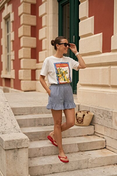 The Champ Clothing Γυναικείο καλοκαιρινό σορτς με καρό σχέδιο, βολάν και ελασ...