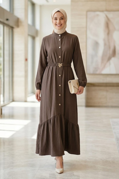 Women's Belted Waist Button Detailed Brown Strawberry Fabric Dress