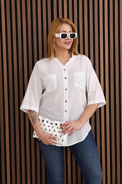 Siyezen Λινό πουκάμισο μεγάλου μεγέθους με δαντέλα στην πλάτη