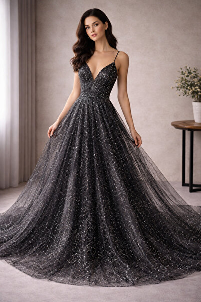 TESATURI OUTLET Μαύρο τούλι διακοσμημένο με ασημί γκλίτερ – Ύφασμα για βραδιν...