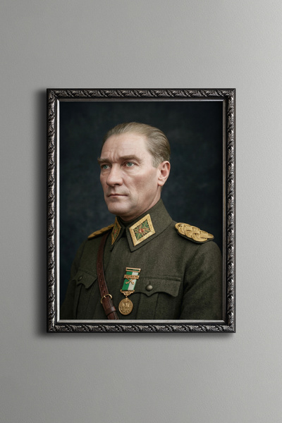 epiqart Uniformed Ataturk Portrait - Vintage Patterned Frame - Slim Model