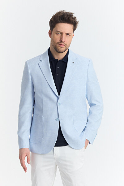 Frappoli Ferdino Men's Blue Linen Blend Half-Lined Slim Fit Mono Collar Sport...