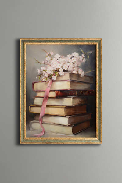 epiqart Cherry Blossoms on Books - Vintage Patterned Frame - Thin Model