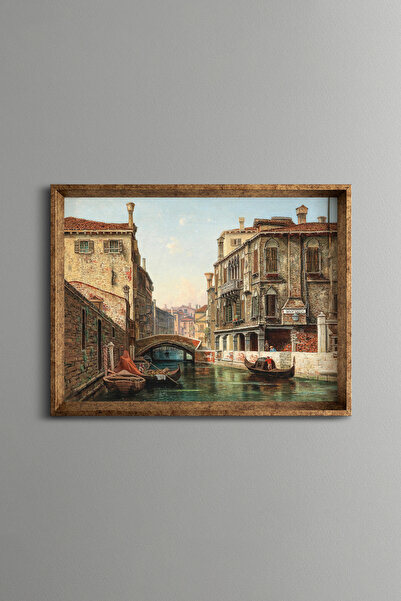 epiqart View of Venice Canal and Bridge - Vintage Patterned Frame - Slim Model