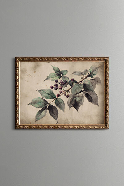 epiqart Böğürtlen Dalı ve Yapraklar - Vintage Desenli Çerçeve - İnce Model