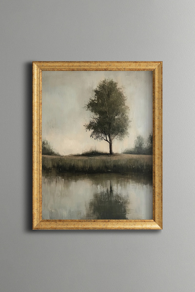 epiqart Göl Kenarında Tek Ağaç - Vintage Desenli Çerçeve - İnce Model