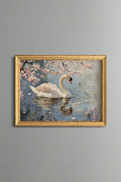epiqart Sakura Altında Zarif Kuğu - Vintage Desenli Çerçeve - İnce Model