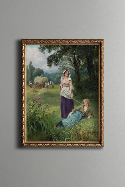 epiqart Kırsal Manzarada Dinlenen Kadınlar - Vintage Desenli Çerçeve - İnce M...