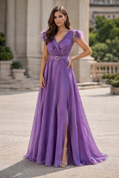 Divin store Κομψό σκούρο μωβ φόρεμα από οργαντίνα με φτερά και εξαιρετικές λε...