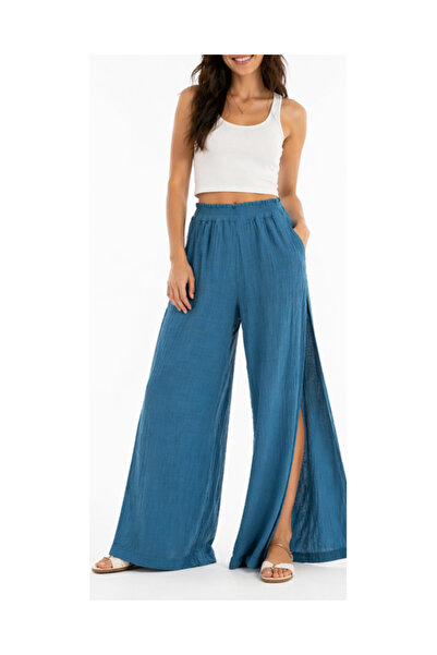 Yena Tekstil 100% Cotton Muslin Fabric Slit Loose Trousers Summer Women's Loo...