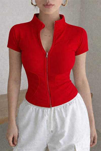 Tarz Cool Γυναικεία μπλούζα με φερμουάρ, ψηλό γιακά, κοντό μανίκι, εύκαμπτο ύ...