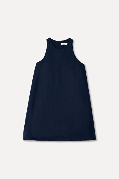 Mudo Women's Navy Blue A-Form Sleeveless Linen Mini Dress