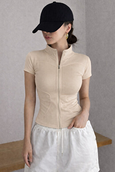 COOL TARZ Bluză de damă cu fermoar, guler înalt, mânecă scurtă, țesătură elas...