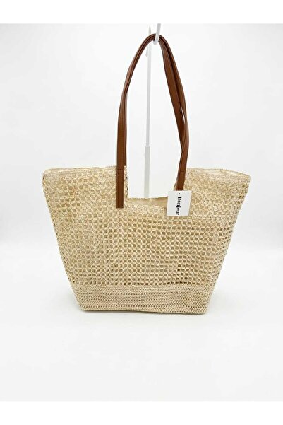 ELAY Women's Large Size Knitted Cream Color Original Straw Shoulder Bag Summe...