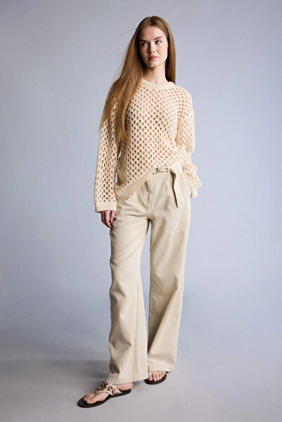 DeFacto D4467AXBG123 Μπεζ παντελόνι με φαρδιά μπατζάκια, διπλές τσέπες, ψηλόμ...