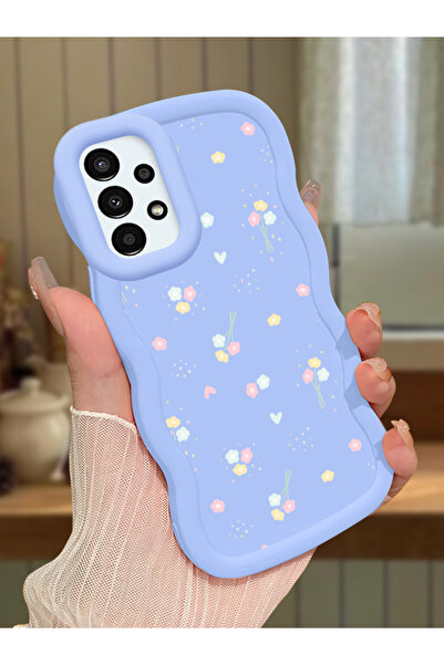 Samsung Galaxy A13 4G Compatible Blue Silicone Case Camera Shock Absorbing Design with Flower Pattern
