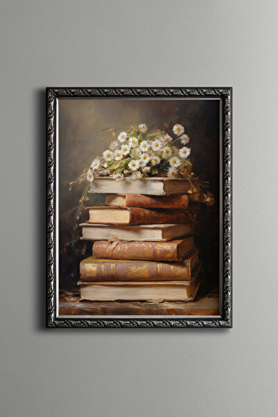 epiqart Kitaplar Üzerinde Papatyalar - Vintage Desenli Çerçeve - İnce Model