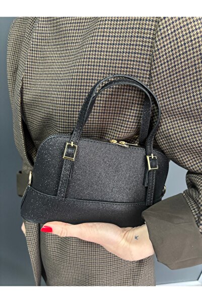 Melos Butik Kadın Siyah Simli Şık Mini Boy El Ve Çapraz Çanta